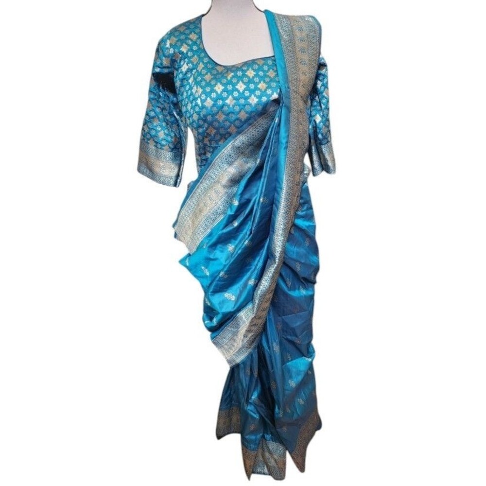 Banasari One Minute Saree Teal Silk Pre-Stitched 2 Pieces NWT One Size